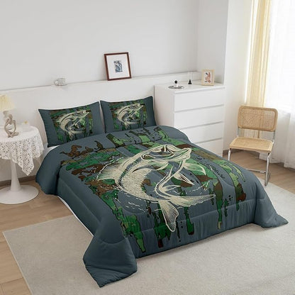 Feelyou Bass Fish Comforter Set Queen Size Green Camouflage Bedding Set for Fishing Lover Gifts Boys Girls Camo Pike Fish Fishing Comforter Wild Fisherman Bed Set Rustic Cabin Bedroom Decor