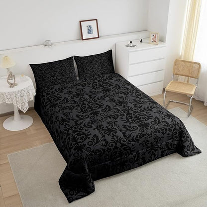 Erosebridal Adults Black Damask Bedding Set Antique Victorian Baroque Down Comforter Full Gothic Vintage Floral Comforter Set Bohemian Exotic Bedding Quilted Bedroom Decor 2 Pillow Cases