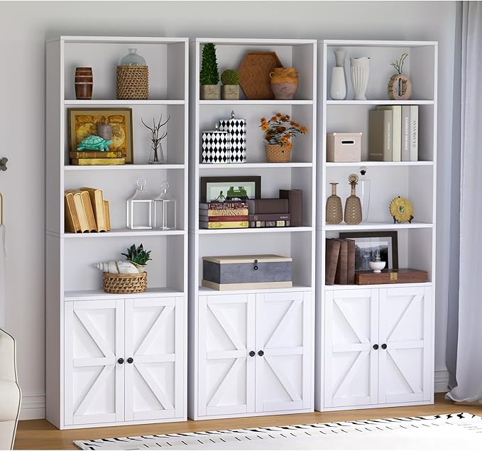 oneinmil 6 Tier Bookshelf and Bookcase, Wooden Bookshelves with Cabinet Doors, Floor Bookshelves and Office Storage Cabinets for Home Office, Living Room,White