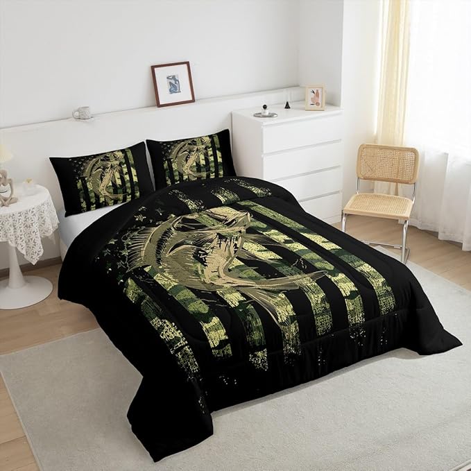 Bass Fish Comforter Set Full Size Fisherman Camouflage Bedding Set Pike Fish Camo American Flag Comforter for Women Men Fsihing Lover Room Farmhouse Fishing Bed Set Wild Quilted Set 3Pcs