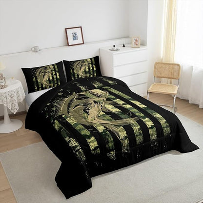 Bass Fish Comforter Set Full Size Fisherman Camouflage Bedding Set Pike Fish Camo American Flag Comforter for Women Men Fsihing Lover Room Farmhouse Fishing Bed Set Wild Quilted Set 3Pcs