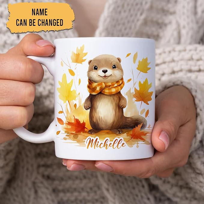 Hyturtle Personalized Fall Otter Maple Leaves Coffee Mug, Fall Autumn Décor | Birthday Gifts For Otter Lovers - Gifts For Farmhouse Thanksgiving - Custom Name 11oz White Ceramic Coffee Tea Mug