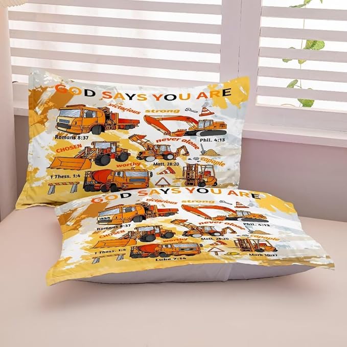 Kids Construction Vehicles Truck Comforter for Boys Full,Cartoon Car Excavator Tractor Bedding Set,Construction Christian Spirational Quotes Comforter with 2 Pillowcases Yellow