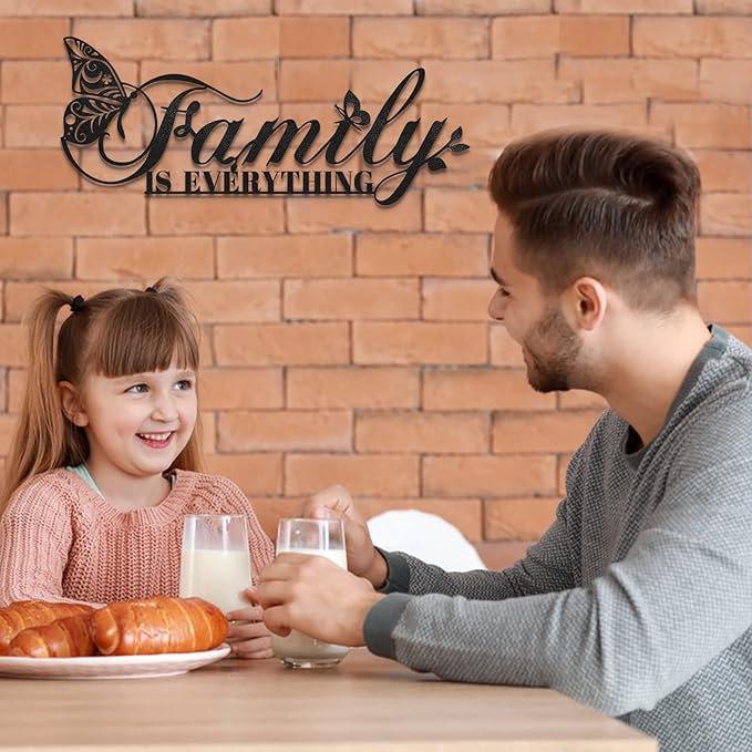 Family Signs Metal Wall Decor, Oppro Family Is Everything Word Sign with Butterfly for Home Decor, Black Art Plaque Letters for Living Room, Dining Room Bedroom Housewarming Mother's Day Father's Day Gift , 17”x6.3”