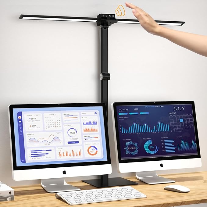 LED Desk Lamp, Newest Hand-Sweep Sensor Desk Lamps for Home Office, Double Head Architect lamp with Type-C & USB Charger, 24W Dimmable Smart Light with Timer, Black