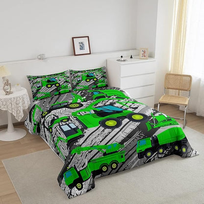 Excavator Down Comforter, Kids Boys Cartoon Car Comforter Set Full, Children Tractor Truck Duvet Sets Girls Construction Vehicle Bulldozer Bedding Set 3 Pieces with 2 Pillow Cases, Green Gray