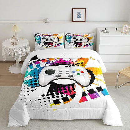 Kids Gaming Comforter Set King Gamer Bedding Set, Modern Console Game Controller Duvet Set for Boys Girls Teens, White Gamepad Quilt Set, Tie Dye Colorful Comforter Set Grey White Soft Bedding Set