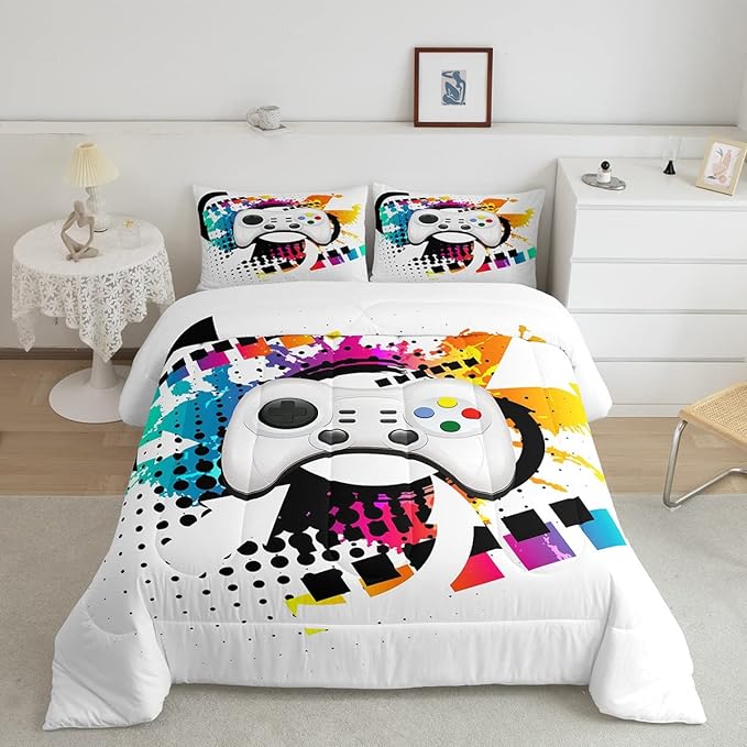 Kids Gaming Comforter Set Full Gamer Bedding Set, Modern Console Game Controller Duvet Set For Boys Girls Teens, White Gamepad Quilt Set, Tie Dye Colorful Comforter Set Grey White Soft Bedding Set