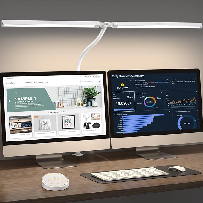 Led Desk Lamp for Office Home - Eye Caring Architect lamp with Clamp,Dual Screen Computer Monitor Gooseneck Smart Light: 24W 5 Color Flexible Adjustable Lighting Table Lamp for Study White