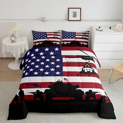 American Flag Comforter Set for Girls Kids Boys Men Soldier Rifle Helicopter Tank Bedding Set Red Blue Stars Stripes USA Flag Comforter Room Decor Army Guns Military Down Comforter King Size Boys
