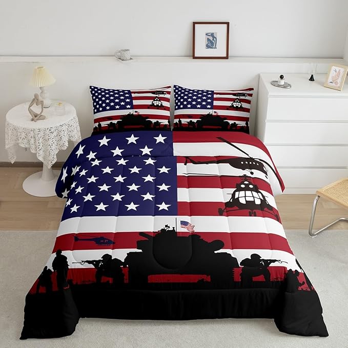Feelyou American Flag Comforter Set for Girls Kids Boys Men Soldier Rifle Helicopter Tank Bedding Set Red Blue Stars Stripes USA Flag Comforter Room Decor Army Guns Military Down Comforter Twin Size