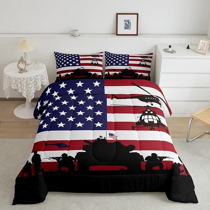 Feelyou American Flag Comforter Set for Girls Kids Boys Men Soldier Rifle Helicopter Tank Bedding Set Red Blue Stars Stripes USA Flag Comforter Room Decor Army Guns Military Down Comforter Twin Size