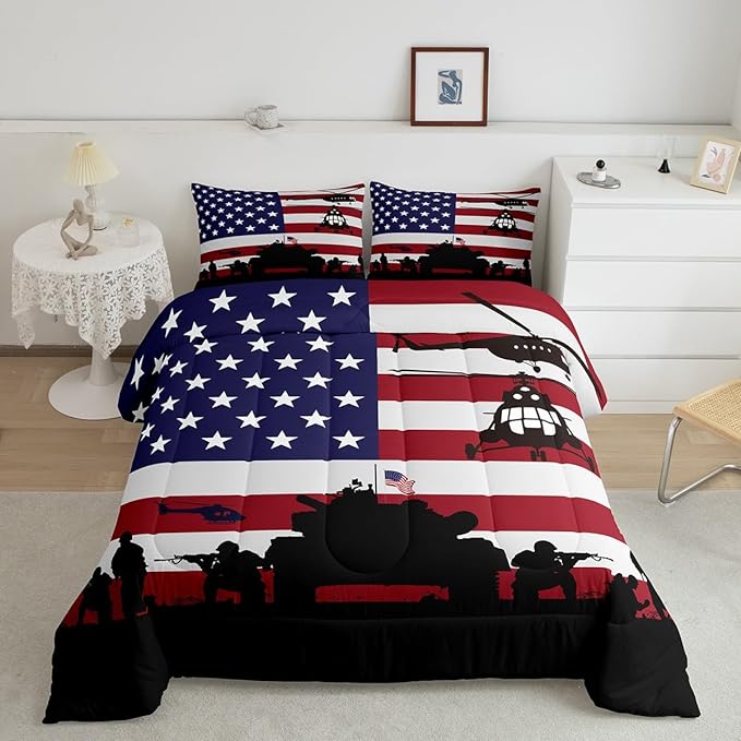 Feelyou American Flag Comforter Set for Girls Kids Boys Men Soldier Rifle Helicopter Tank Bedding Set Red Blue Stars Stripes USA Flag Comforter Room Decor Army Guns Military Down Comforter Queen Size