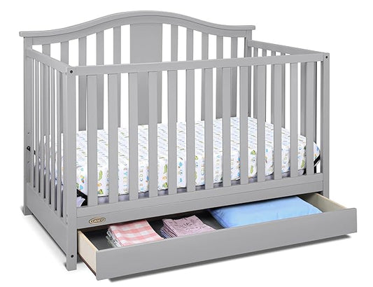 Graco Solano 4-in-1 Convertible Crib with Drawer (Pebble Gray) – GREENGUARD Gold Certified, Crib with Drawer Combo, Includes Full-Size Nursery Storage Drawer, Converts to Toddler Bed and Full-Size Bed
