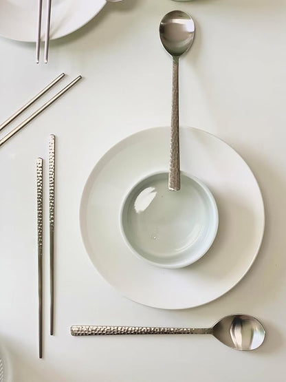 Korean Made Silver Glossy Hammered Stainless Steel Korean Spoon & Chopstick SET Gift for Mom Stocking Stuffer(4SET)