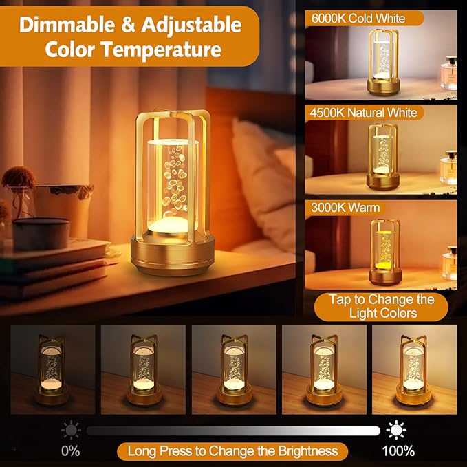 Portable Table Lamp for Outdoor Indoor: Cordless Rechargeable Desk Lamp with 3 Color Stepless Dimmable - Metal Battery Operated Small Lantern Light for Restaurant/Bedroom/Bar/Coffee Shop/Camping