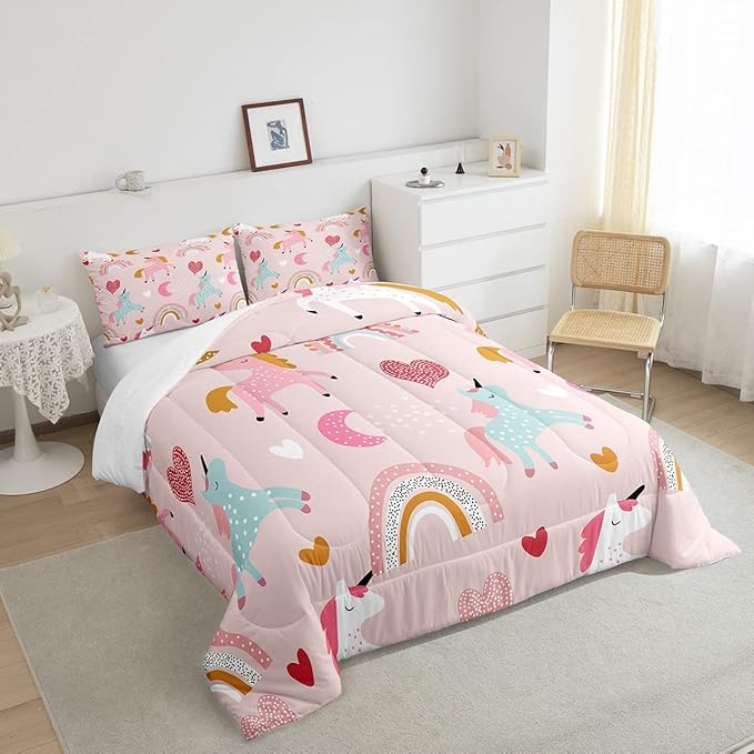 Feelyou Unicorn Comforter Set Kids Cute Cartoon Unicorns Decor Comforter for Girls Pink Bedding Set Rainbow Duvet Set Twin Size Quilt Boys