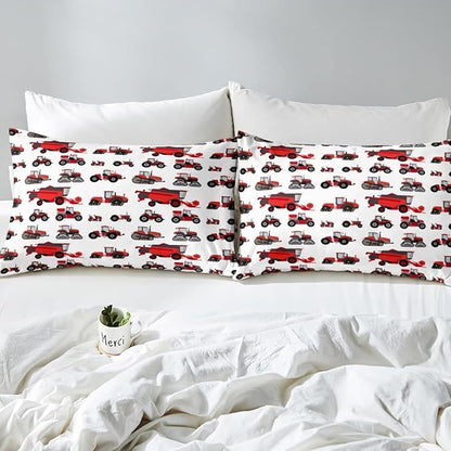 Erosebridal Red Tractor Comforter Set King Size Heavy Equipment Truck Down Comforter Kids Boys Girls Teens Harvester Tractor Bedding Set Construction Excavator Farm Equipment Quilt Set