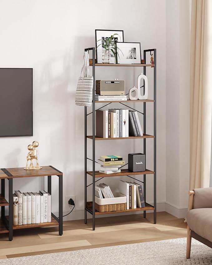 Bookshelf, Book Shelf, Industrial Bookcase with 2 Hooks, Coner Shelf Storage Organizer for Home Office, Living Room, Bedroom, Kitchen, 5-Tier Rustic Brown BC22501B
