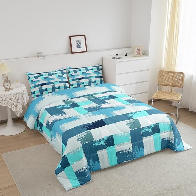 Teal Blue Stripes Comforter Set for Girls Boys Kids Turquoise Stripe Line Bedding Set Geometric Down Comforter Room Decor Abstract Art Gradient Ombre Quilt King Size Duvet Set 3Pcs Boys