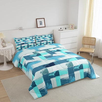 Teal Blue Stripes Comforter Set for Girls Boys Kids Turquoise Stripe Line Bedding Set Geometric Down Comforter Room Decor Abstract Art Gradient Ombre Quilt Queen Size Duvet Set 3Pcs Boys