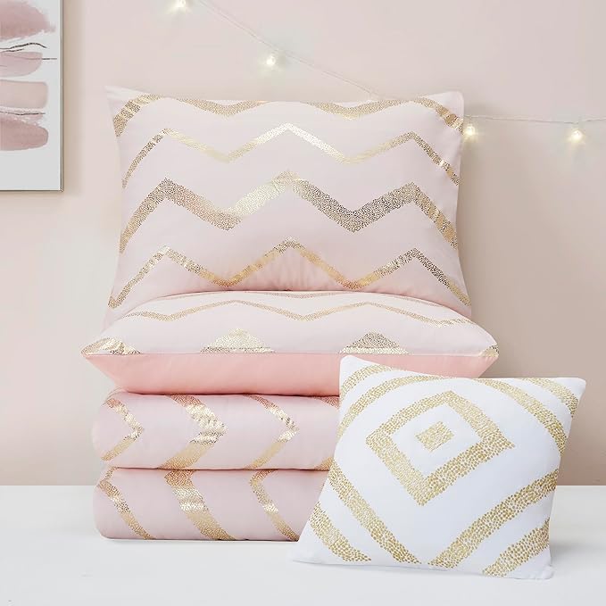 Codi King Size Bedding Sets Pink - Metallic Print Blush Comforter Set - 4 Piece includes 1 Rose Gold Comforter, 1 Decorative Pillow, 2 Pillow Cases - All Seasons Warm