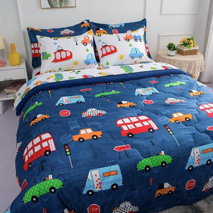 Wajade Cartoon Cars Comforter Set Bed in A Bag Twin Size Colorful Cars Bus Van Traffic Lights Bedding Set for Boys Kids (1 Comforter, 1 Flat Sheet, 1 Fitted Sheet, 2 Pillowcase and 2 Pillow Sham)