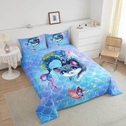 Rainbow Cartoon Cat Bed Sheet Set Colorful Mermaid Comforter Set for Kids Boys Girls Teens Room Decor Blue Mermaid Scales Bedding Set Set Ocean Gradient Style Bed Cover 2Pcs Twin Size