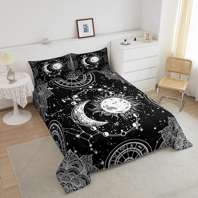 Sun and Moon Bedding Set Constellation Galaxy Comforter for Kids Boys Girls Teens Psychedelic Boho Mandala Comforter Breathable Celestial Duvet Set Black White Room Decor Quilt Cover Full Size
