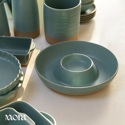 MORA Ceramic Chips and Dip Serving Tray: Large Divided Party Bowl Set for Chips & Salsa, Veggies & Dip, Fruit, Snacks, Entertaining, Hosting, etc. Minimalist Design for the Modern Hostess - Iris