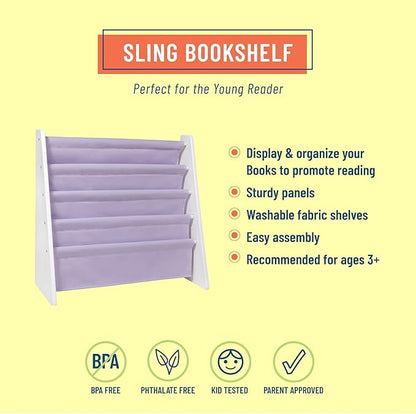 Wildkin Kids Canvas Sling Bookshelf for Boys and Girls, Wooden Design Features Four Fabric Shelves, Keep Bedrooms, Playrooms, and Classrooms Organized, an Ideal Kids Bookshelf (White w/Lilac)