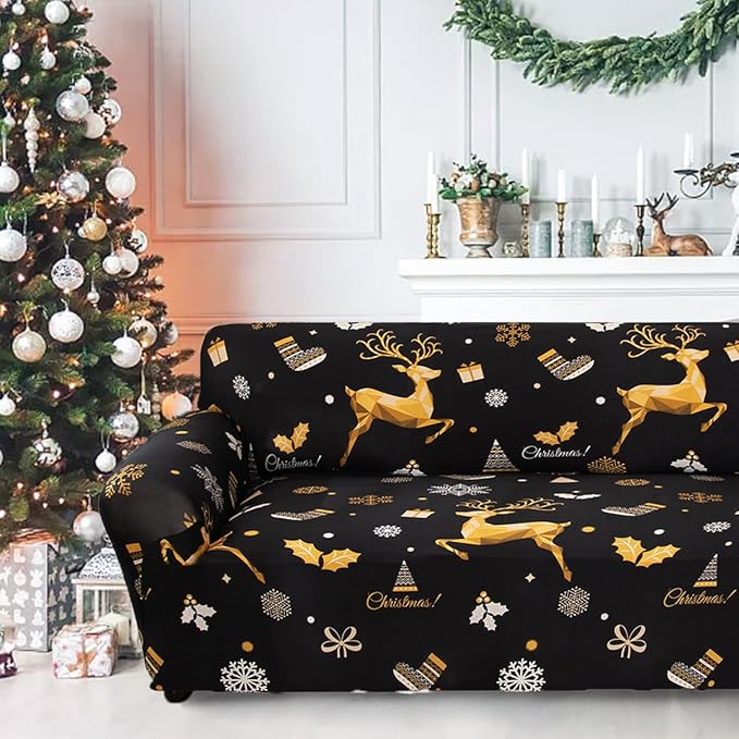 Mybedsoul Christmas Printed Black Sofa Cover Reindeer Printed Elastic Couch Cover Machine Washable Christmas Theme Red Sofa Slipcover for Living Room(2 Seater/Loveseat)
