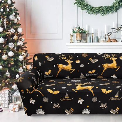 Mybedsoul Christmas Printed Black Sofa Cover Reindeer Printed Elastic Couch Cover Machine Washable Christmas Theme Red Sofa Slipcover for Living Room(2 Seater/Loveseat)