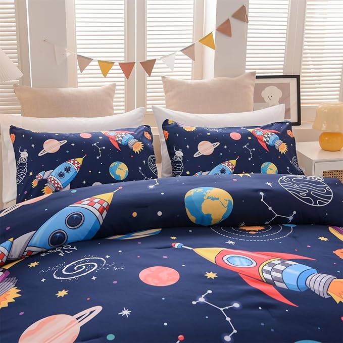 Aimuan Twin Comforter Set Kids Space Rocket Bedding Set Super Soft & Cute Aliens UFO Printed for Teen Boys Girls (Navy, Twin)