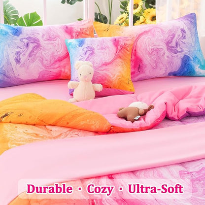 Girls Twin Bedding Sets, 6 Pcs Pink Twin Szie Comforter Set with Sheets, Watercolor Marble Abstract Art Superior Bedding Set for Girls Kids