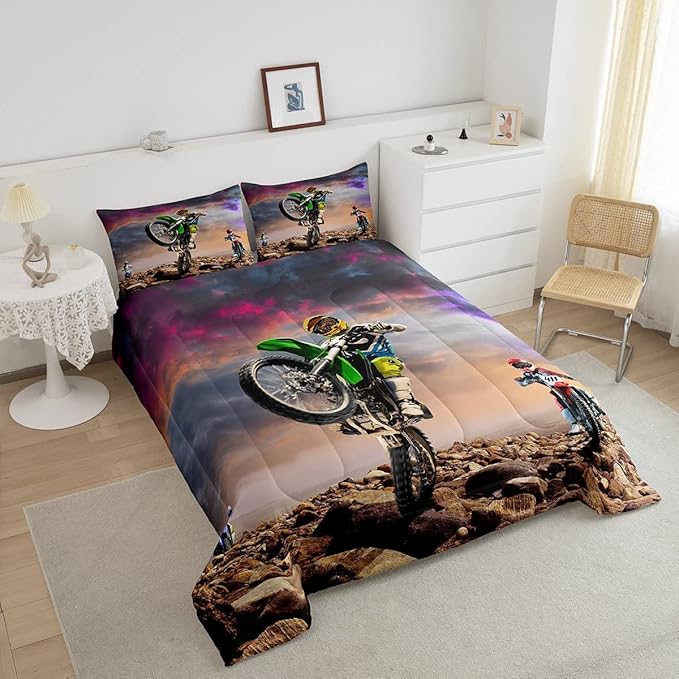 Dirt Bike Comforter Set for Boys Bedroom Motocross Rider Extreme Sports Duvet Insert Mountain Bike Bedding Quilted Set Kids Motorcycle Motorbike Down Comforter,Soft Lightweight for All Season,King