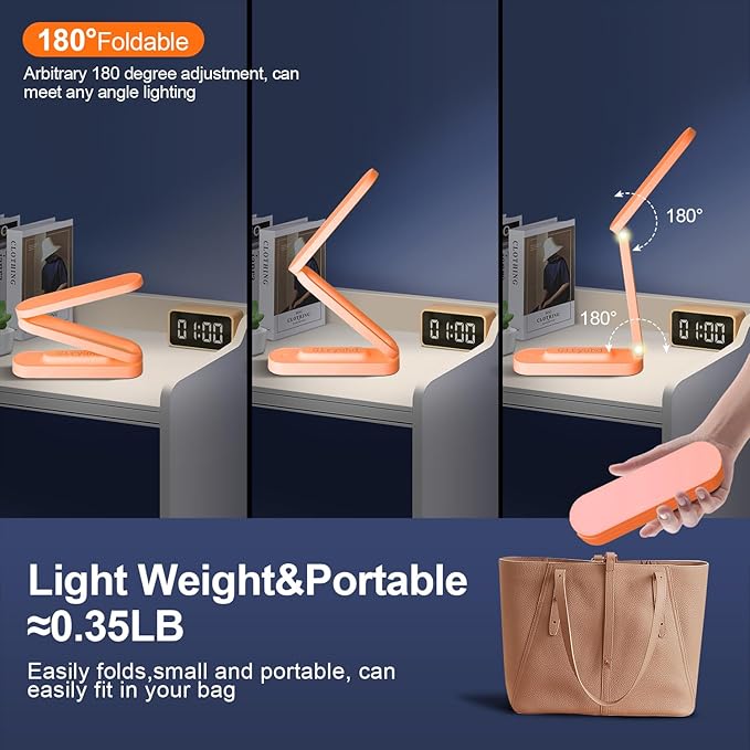LED Desk Lamp for Office Home & Battery Operated Lamp Rechargeable Lamp Foldable & Portable Light, LED Desk Light Strip, 3 Brightness Dimmable Small Desk Lamp Reading Lamp (Orange)