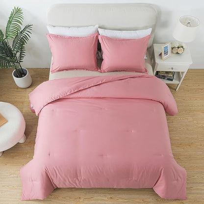 Pink Comforter Set King Size, Blush Women Girls Pink Skin-Friendly Boho Bedding Comforter Set, Breathable Fluffy Microfiber 3 PCS (104"x90") Comforter Set for All Seasons