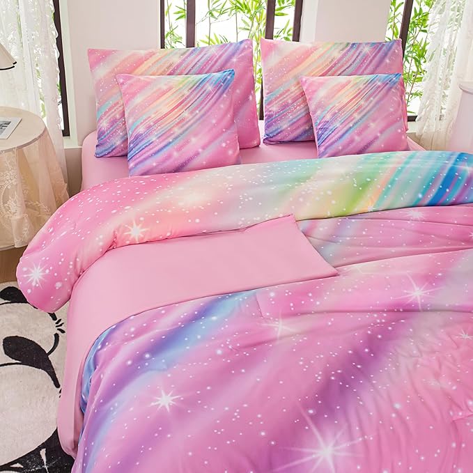 Twin Comforter Set for Girls Galaxy Bedding 7pieces, Ombre Bedding Comforter Sets Rainbow Comforter Glitter Bedding Twin Teen Comforter Sets for Girls
