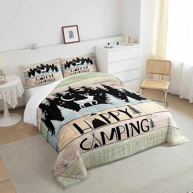 Camper Decor Quilt Bedding For Full Rustic Farmhouse Camping Comforter Set Woodland Animal Deer Rv accessories Bedding Sets Gifts For Teen Boys Girls Black Green Wooden Board Bunks Decor 2 Pillowcases
