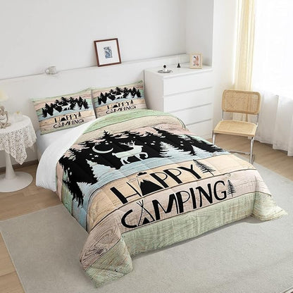 Camper Decor Quilt Bedding For Full Rustic Farmhouse Camping Comforter Set Woodland Animal Deer Rv accessories Bedding Sets Gifts For Teen Boys Girls Black Green Wooden Board Bunks Decor 2 Pillowcases