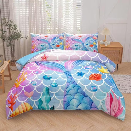 NINENINE Mermaid Bedding Sets,Girls Comforter Sets Queen, Princess Bedding Queen,Mermaid Comforter Ocean Fish Scales Bedding Sets with 1 Comforter 2Pillowcases