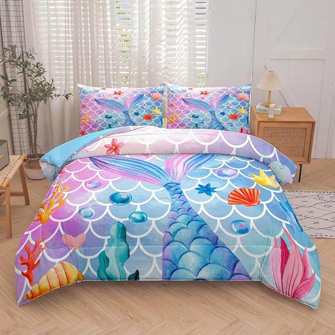 NINENINE Mermaid Comforter Sets,Full Size Girls Bedding Set,Girls Princess Comforter Sets Full Size,Colorful Ocean Fish Scales Comforter Set with 1 Comforter 2Pillowcases