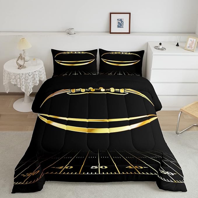 Feelyou Football Bedding Set Twin Kids Rugby Sports Comforter Set American Football Comforter Set for Boys Golden Black Room Decor Lightweight Quilt Set with 1 Pillow Case