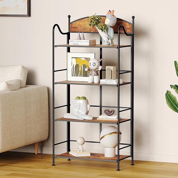 Folding Bookshelf No Assembly, 4 Shelf Black Folding Bookcase with Sturdy Metal Frame, Vintage Open Standing Collapsible Shelves for Bedroom, Living Room, Home Office Organization