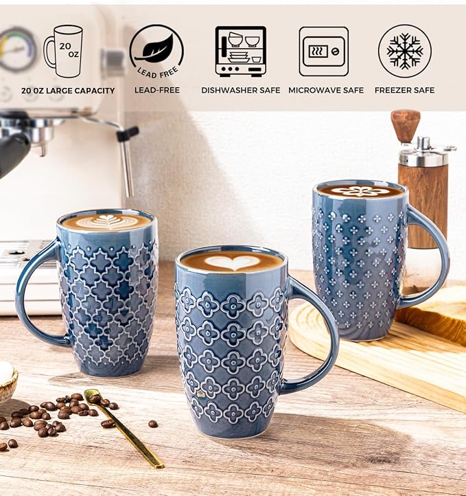 AmorArc Large Coffee Mugs Set of 6, 20oz Tall Coffee Mugs Set | with Texture Patterns for Cappuccino, Latte,Hot Cocoa, Dishwasher & Microwave Safe-Moonlight Blue