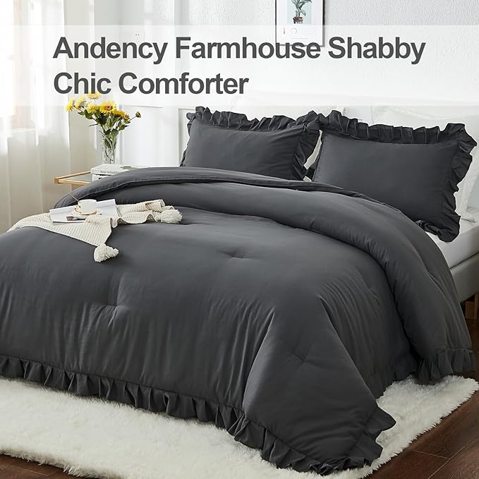 Andency Dark Gray King Comforter Set(104x90Inch), 3 Pieces(1 Ruffle Comforter and 2 Pillowcases) Lightweight and Fluffy Bedding Comforter Set, All Season Soft Microfiber Shabby Chic Bedding Set