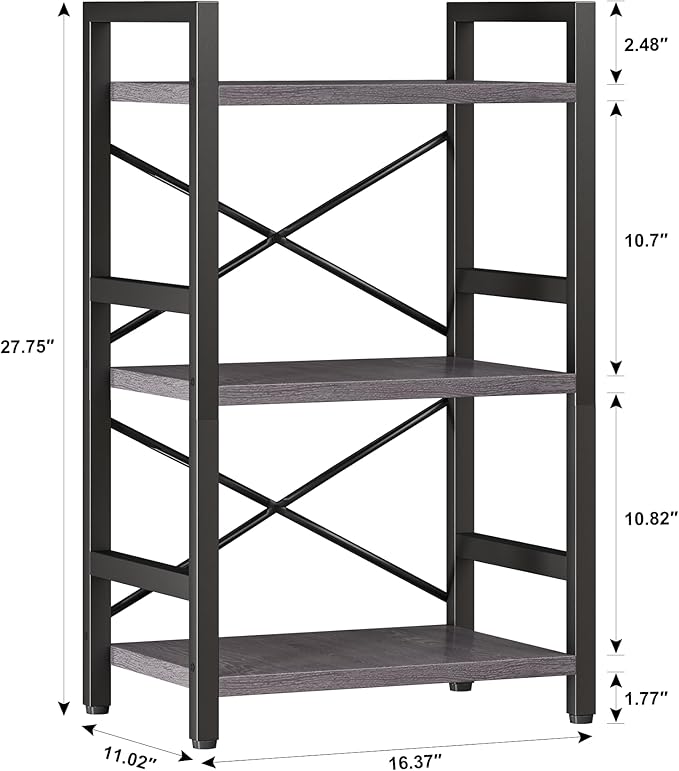 Bookshelf, 3 Tier Industrial Bookcase, Metal Small Bookcase, Rustic Etagere Book Shelf Storage Organizer for Living Room, Bedroom, and Home Office(Grey) Patent Pending D29873033