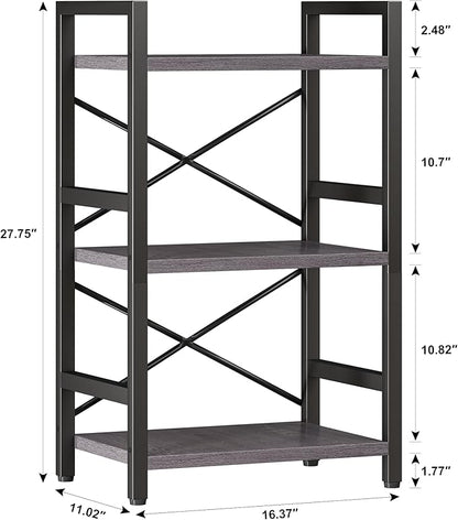 Bookshelf, 3 Tier Industrial Bookcase, Metal Small Bookcase, Rustic Etagere Book Shelf Storage Organizer for Living Room, Bedroom, and Home Office(Grey) Patent Pending D29873033