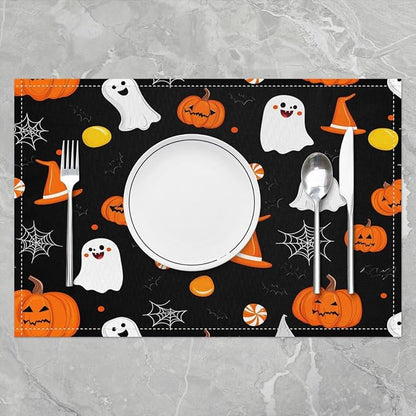 Feelyou Happy Halloween Placemats Set of 4 Cute Ghost Pumpkin Table Mats for Party Kitchen Dining Decoration Orange White Black Place Mat for Table Holiday Decor Indoor Outdoor 18"x12" Non-Slip